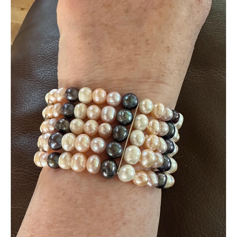 Wide Freshwater Pearl Stretch Bracelet 5 Strands Size Gray Pink White